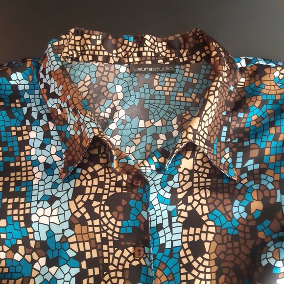 Laura Studio SZ18 Satin Finish Geometric Button Up Women's Shirt, Blues & Browns - Picture 3 of 15